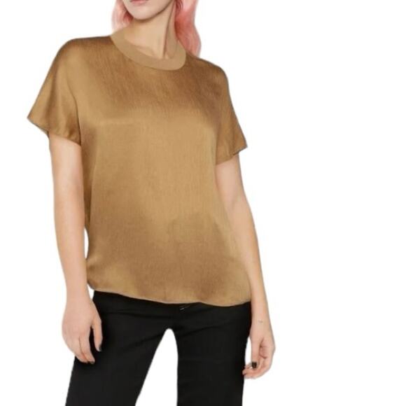 Vince Round Neck Silk Brown Crinkle Top Blouse size XS - Picture 3 of 10